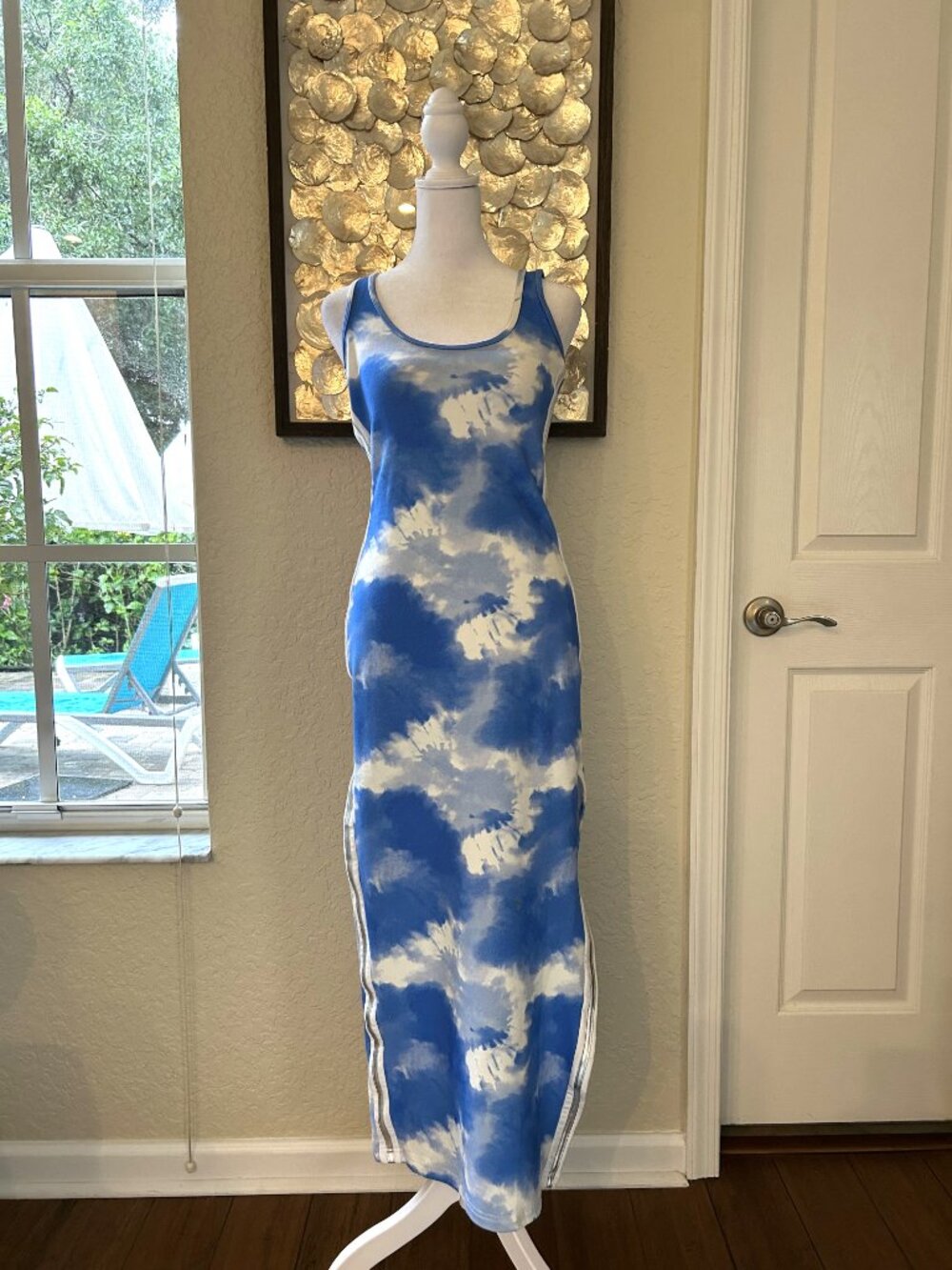 Boston Proper Blue & White Silver Piping Maxi Dress